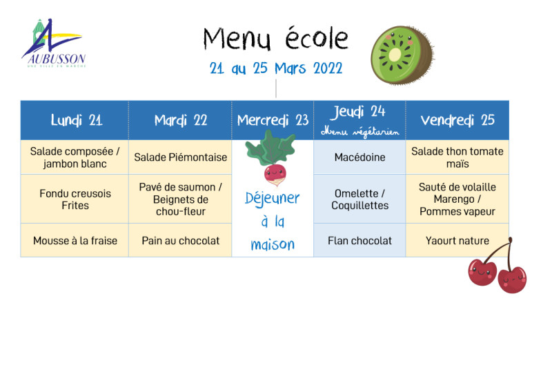 menu cantine aubusson 22 au 25 mars 2022