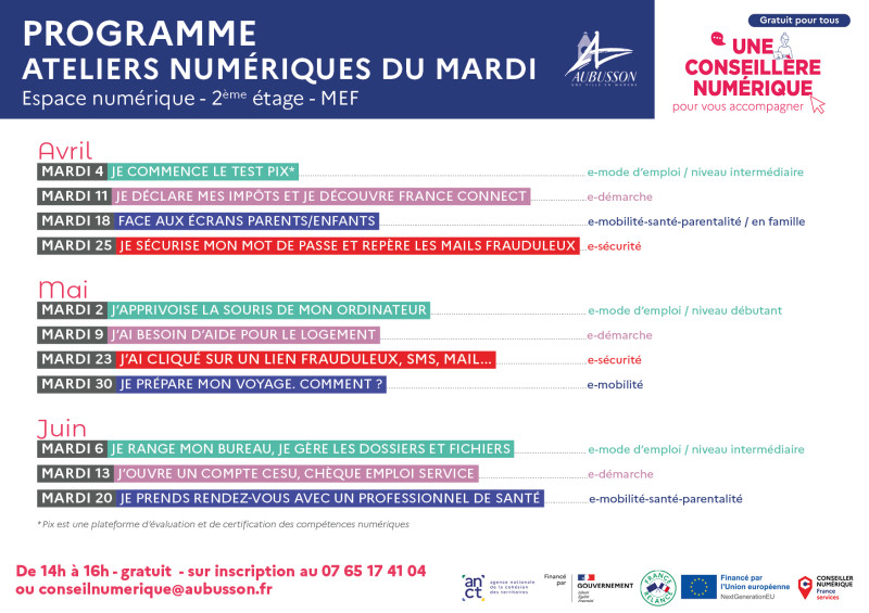 Ateliers numériques du mardi - calendrier avril mai juin 2023 - Aubusson