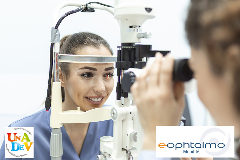 Eye doctor with female patient during an examination in modern clinic. Ophthalmologist is using special medical equipment for eye health