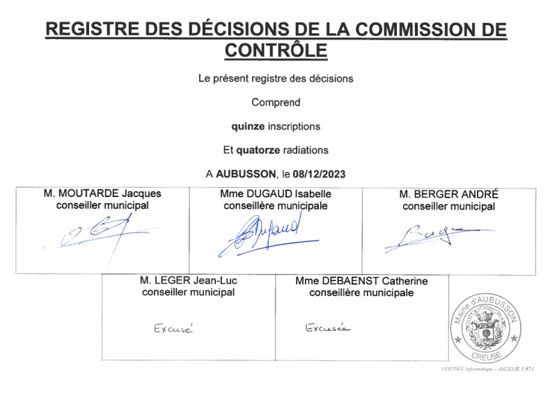 registre des decisions de la commission de contrôle