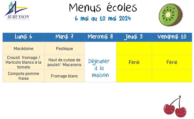 menus écoles semaine 6 au 10 mai 2024 SITE